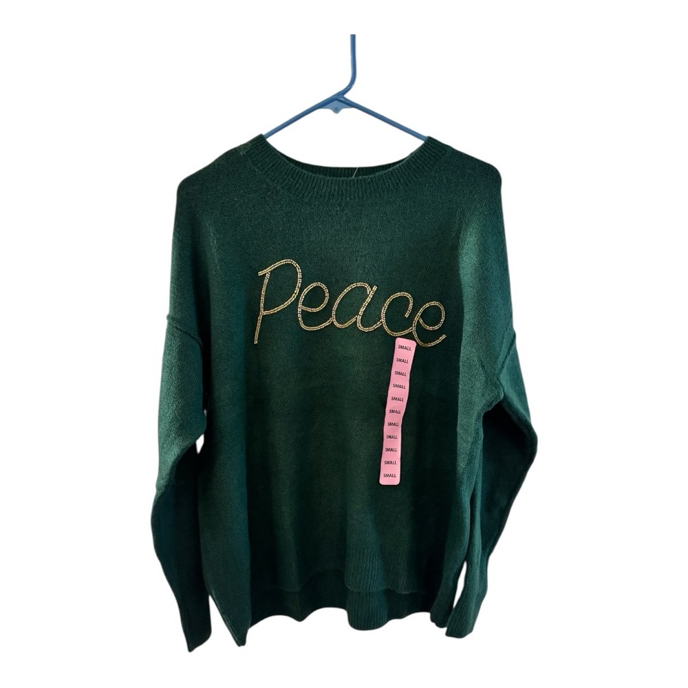 Vince Camuto Forest Green Sweater with Gold Peace Motif - Picture 3 of 8